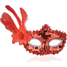 Shopwave Kırmızı Payetli Pullu Kırmızı Renk Yandan Tüylü Parti Maskesi 18X22 cm (5047)