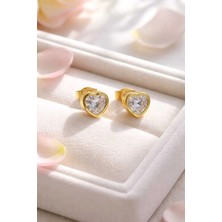 Begonia Accessories Vip Çelik 24 Ayar Altın Kaplama 9mm Kalp Figürlü Zirkon Taşlı 1 Çift Çivi Küpe