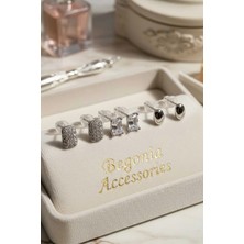 Begonia Accessories Vıp Çelik Baget Figürlü Zirkon Taşlı Lüks Çivi Küpe Seti–18 Taş Detay | Paslanmaz Kararmaz | 3 Çift