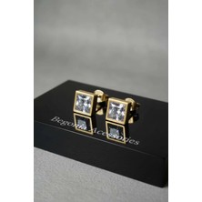 Begonia Accessories Vip Küpe Seti 24 Ayar Altın Kaplama 9mm Kare Zirkon Taşlı 1 Çift - Paslanmaz Kararmaz