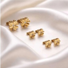 Begonia Accessories Vip Çelik 24 Ayar Altın Kaplama 5-7-9mm Yonca Zirkon Taşlı 3 Çift Çivi Küpe Seti