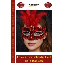 Carlburn #maske Gösterişli Payetli Taşlı Maskeli Balo Parti Eğlence Lüks Kırmızı Tüylü Taşlı Balo Maskesi