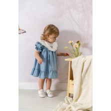 Noynoy Bebek Kız Bebek Nakış Işlemeli Dantel Yaka Denim Kot Elbise - Mavi 9-36 Ay