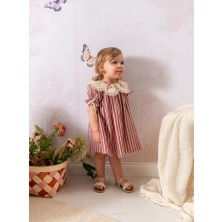 Noynoy Bebek Bebek Kız Çizgili Vintage Elbise Dantel Yakalı Nakış Detaylı Bandanalı Takım