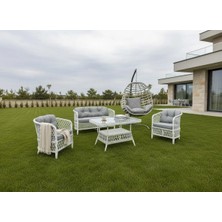 Tu Tienda TİRE ALÜMİNYUM 2 1 1 MASA(70*120)+TEKLİ RATTAN SALINCAK RATTAN BAHÇE BALKON MOBİLYASI,BEYAZ RATTAN/GRİ KUMAŞ