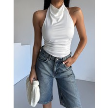 TRENDHAZAN Sırt Dekolteli Yandan Drapeli Sıfır Kol Halter Yaka Sandy Kumaş Bluz