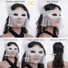 Butik Mey Ithalat® Beyaz Dantel Tüllü Peçeli Parti Maskesi – Tüylü Inci Detaylı