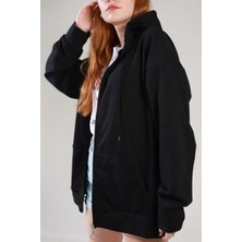 Trendypassion Kadın Siyah Fermuar Kapüşonlu Sweatshirt Slim Fit Ek Özellikler ile