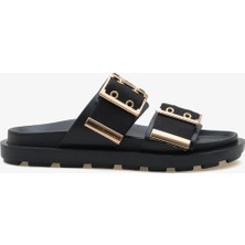 LOJO Kadın Çift Bantlı Altın Tokalı Kalın Taban Günlük Terlik Kea Siyah