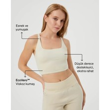 Ayma Active Krem EcoVero Viskoz, Yüzücü Askılı Kare Yaka Basic Crop Yoga Pilates Spor Sütyeni