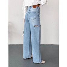 Zeo Basic Kadın Açık Mavi Baggy Jean Yüksek Bel Kot Pantolon Denim Kumaş Yanlardan Lazerli