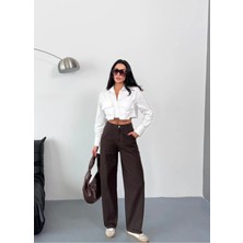 Zeo Basic Kadın Kahverengi Skater Fit Yüksek Bel Geniş Paça Kot Pantolon
