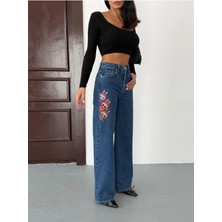 Zeo Basic Kadın Nakış Detaylı Wide-Leg Jean Kot Pantolon