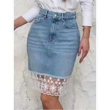 Zeo Basic Kadın Dantel Detaylı Mavi Kot Etek