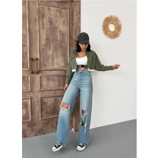 Zeo Basic Kadın Wide-Leg Lazerli Yüksek Bel Geniş Paça Kot Pantolon Mavi Tint