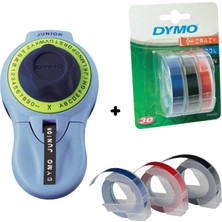 Dymo Junior Etiket Makinesi + 3'lü Blisterli Yedek Şerit 9 mm x 3 m Tekli Paket Mavi Kırmızı Siyah