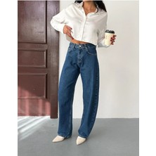 Zeo Basic Kadın Yüksek Bel Balloon Fit Mavi Jean Pantolon Rahat Kalıp