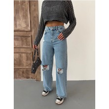 Zeo Basic Kadın Wide-Leg Lazerli Yüksek Bel Geniş Paça Kot Pantolon Buz Mavi