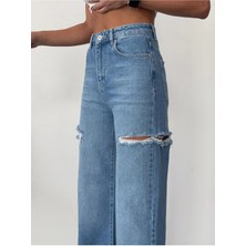Zeo Basic Kadın Orta Mavi Baggy Jean Yüksek Bel Kot Pantolon Denim Kumaş Yanlardan Lazerli