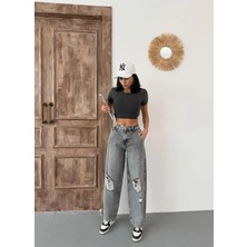 Zeo Basic Kadın Skater Fit Yırtık Detaylı Yüksek Bel Kot Pantolon Gri