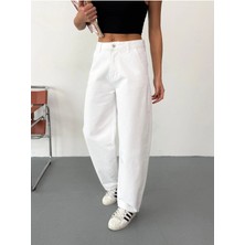 Zeo Basic Kadın Beyaz Denim Kumaş Skater Fit Yüksek Bel Pantolon