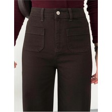 Zeo Basic Kadın Kahverengi Ön Cepli Wide-Leg Jean Yüksek Bel Geniş Paça Kot Pantolon