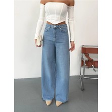 Zeo Basic Kadın Mavi Taşlamalı Baggy Jean Yüksek Bel Geniş Paça Kot Pantolon Siyah