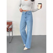 Zeo Basic Kadın Mavi Taşlamalı Wide-Leg Jean Yüksek Bel Geniş Paça Kot Pantolon