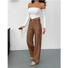 Zeo Basic Kadın Wide Leg Içi Kadife Şardonlu Suni Deri Pantolon Kahverengi Taba
