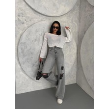 Zeo Basic Kadın Baggy Fit Lazerli Yüksek Bel Geniş Paça Kot Pantolon Gri