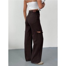 Zeo Basic Kadın Kahverengi Baggy Jean Yüksek Bel Kot Pantolon Denim Kumaş Yanlardan Lazerli