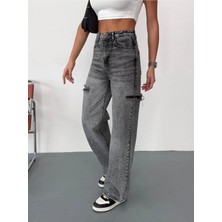 Zeo Basic Kadın Gri Baggy Jean Yüksek Bel Kot Pantolon Denim Kumaş Yanlardan Lazerli