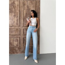 Zeo Basic Kadın Straight Yüksek Bel Boru Paça Kot Pantolon Açık Mavi