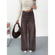 Zeo Basic Kadın Kahverengi Taşlamalı Baggy Jean Yüksek Bel Geniş Paça Kot Pantolon