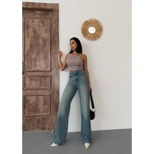 Zeo Basic Kadın Wide-Leg Yüksek Bel Geniş Paça Kot Pantolon Mavi Tint