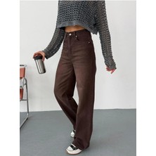 Zeo Basic Kadın Kahverengi Taşlamalı Wide-Leg Jean Yüksek Bel Geniş Paça Kot Pantolon