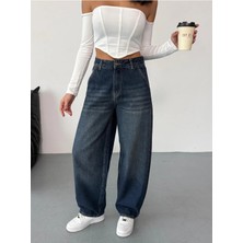 Zeo Basic Kadın Mavi Eskitmeli Skater Fit Yüksek Bel Pantolon