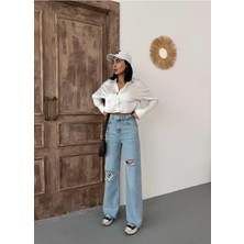 Zeo Basic Kadın Wide-Leg Lazerli Yüksek Bel Geniş Paça Kot Pantolon Açık Mavi