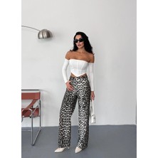 Zeo Basic Kadın Kahve-Beyaz Leopar Desenli Wide-Leg Yüksek Bel Kot Pantolon Denim Kumaş