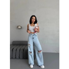 Zeo Basic Kadın Baggy Fit Lazerli Yüksek Bel Geniş Paça Kot Pantolon Açık Mavi