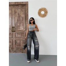 Zeo Basic Kadın Wide-Leg Lazerli Yüksek Bel Geniş Paça Kot Pantolon Füme