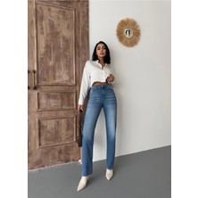 Zeo Basic Kadın Straight Likralı Yüksek Bel Boru Paça Kot Pantolon Koyu Mavi