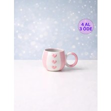 KYA CERA Pembe Şeritli Pembe Kalp Kabartmalı Tekli El Yapımı Kupa