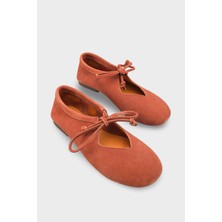 LOJO Kadın Bağcıklı Yuvarlak Burun Günlük Babet Ligure Kiremit Süet