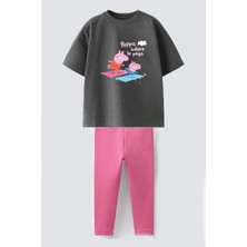 Monila Kız Çocuk Pamuklu Baskılı T-Shirt ve Fitilli Tayt 2'li Takım