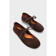 LOJO Kadın Bağcıklı Yuvarlak Burun Günlük Babet Ligure Kahve Süet