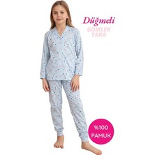 Tarık Kids Homewear Tarık Homewear Kız Çocuk Mavi Hayvan Desenli Gömlek Yaka Önden Düğmeli Pamuklu Mevsimlik Uzun Kol Pijama Takımı-Dar Kalıp