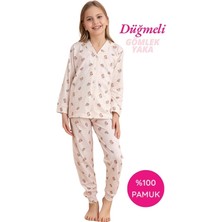 Tarık Kids Homewear Tarık Homewear Kız Çocuk Bej Hayvan Desenli Gömlek Yaka Önden Düğmeli Pamuklu Mevsimlik Uzun Kol Pijama Takımı-Dar Kalıp