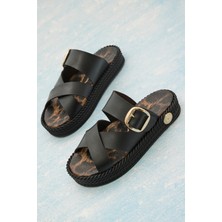 Tonny Black Kadın Siyah Poli Taban Rahat Dolgu Taban Çapraz Bantlı Terlik