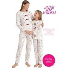 Tarık Kids Homewear Çocuk Beyaz Kiraz Desenli Fiyonk Detaylı Kaşkorse Fitilli Mevsimlik Kumaş Uzun Kol Pijama Takımı-Anne Kız Modeli-Tek Ürün Fiyatı